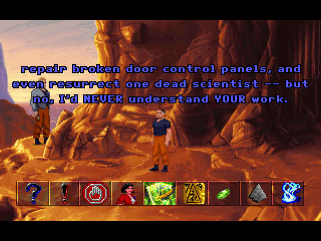 The Dig (Windows) screenshot: Talking to Brink who seems to have lost it ever after the revival session