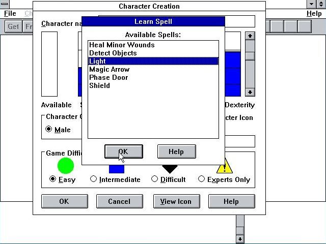 Castle of the Winds I: A Question of Vengeance (Windows 3.x) screenshot: The character creation process. After assigning distribution points the character can be assigned a spell