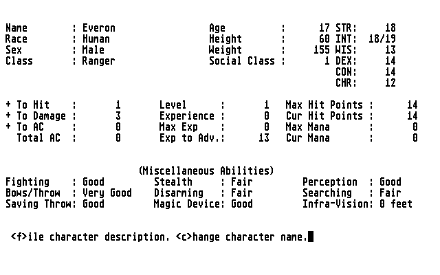 <small>Angband (Atari ST) screenshot:</small><br> Character creation