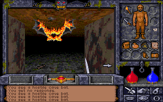 Ultima Underworld II: Labyrinth of Worlds (DOS) screenshot: The first battle: Avatar vs. lowly bat 1:0