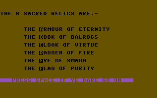 Lord of the Balrogs (Commodore 64) screenshot: The Sacred Relics to collect