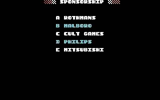 Motorcycle 500 (Commodore 64) screenshot: Choose a sponsor