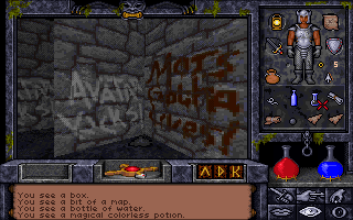 Ultima Underworld II: Labyrinth of Worlds (DOS) screenshot: Very interesting graffiti in this gladiatorial fighting dungeon!..