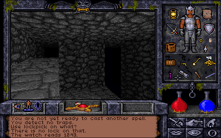 Ultima Underworld II: Labyrinth of Worlds (DOS) screenshot: Detecting traps, checking the time, and admiring the game's 3D architecture in this underground level of Killorn Keep