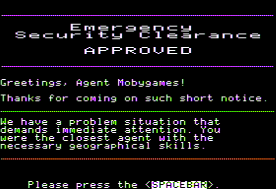 Satellite Down!: Rescue Adventures in Geography (Apple II) screenshot: Mission Briefing Begins