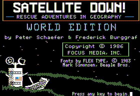 Satellite Down!: Rescue Adventures in Geography (Apple II) screenshot: Title Screen