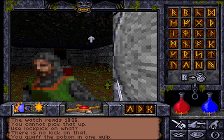 Ultima Underworld II: Labyrinth of Worlds (DOS) screenshot: Viewing the rune menu, quaffing potions, and trying to use a lockpick on an innocent pixelated guard