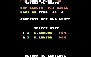 Motorcycle 500 (Commodore 64) screenshot: Info about the next race and prep your riders
