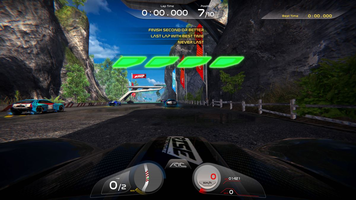 Rise: Race the Future (Windows) screenshot: The countdown at the start of the race, using a first-person camera view.