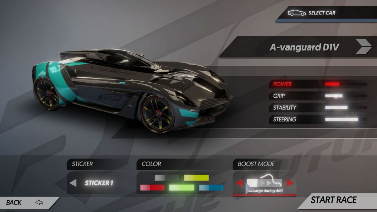 Rise: Race the Future (Windows) screenshot: Car selection and customization, including two boost modes