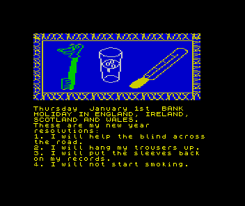 The Secret Diary of Adrian Mole Aged 13¾ (ZX Spectrum) screenshot: If he doesn't start smoking, who will fund Government anti-smoking initiatives?