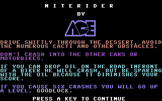 Niterider (Commodore 64) screenshot: Title Screen