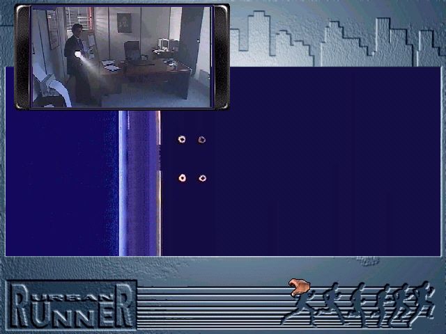Urban Runner (Windows 3.x) screenshot: Watch the pop-up videos carefully to see when it is safe to leave your hiding place.