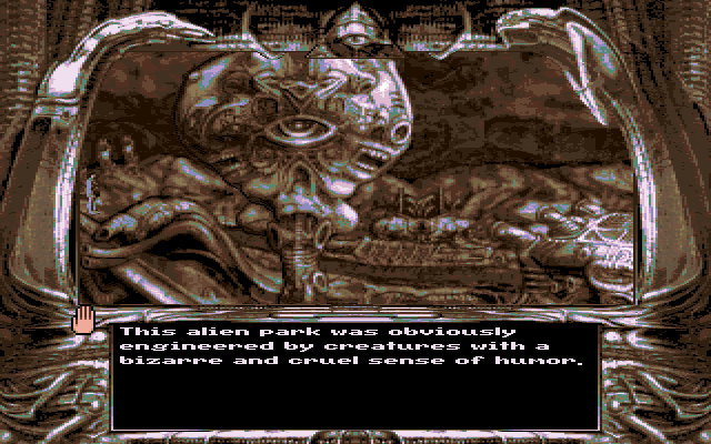Dark Seed (Amiga) screenshot: Walking through the gloomily looking alien park