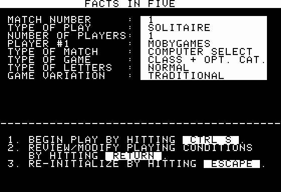 Computer Facts in Five (Apple II) screenshot: Game Setup