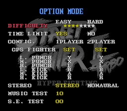 Street Fighter II Turbo (SNES) screenshot: Options screen: change the difficulty level, controller buttons, time limit and hear any musics and sounds.