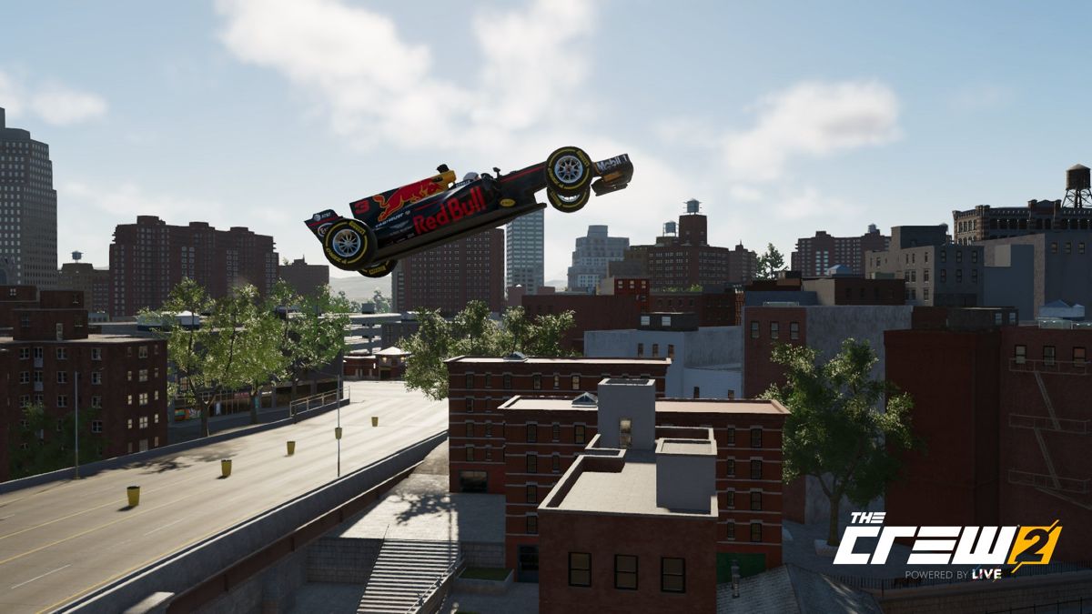 The Crew 2 (PlayStation 4) screenshot: Red Bull RB13 jumping over some buildings. (Photo Mode)