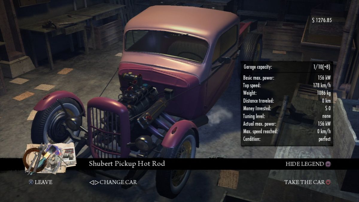 Mafia II: Greaser Pack (PlayStation 3) screenshot: Shubert Pickup Hot Rod, garage view