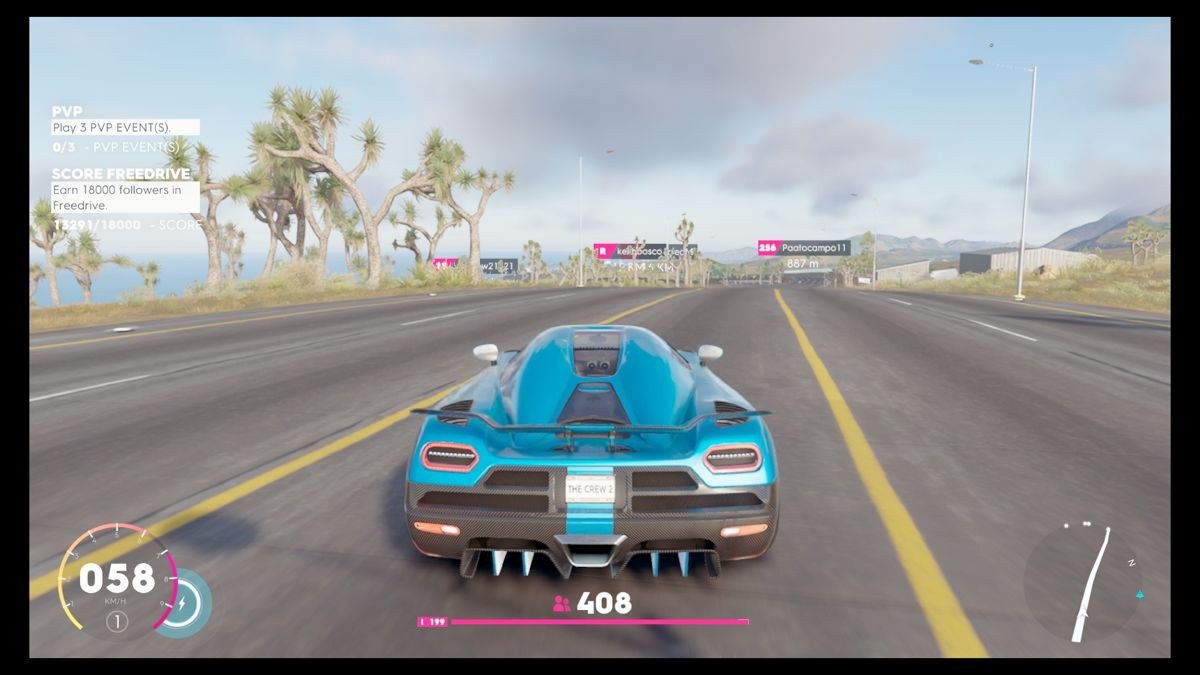 The Crew 2 (PlayStation 4) screenshot: Koenigsegg Agera R Drift Edition driving along a road. (In-game)