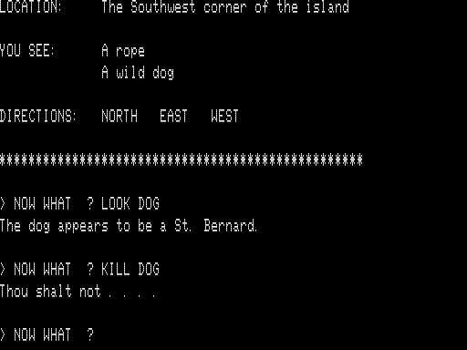 Island Adventure (TRS-80) screenshot: No Killing the Dog