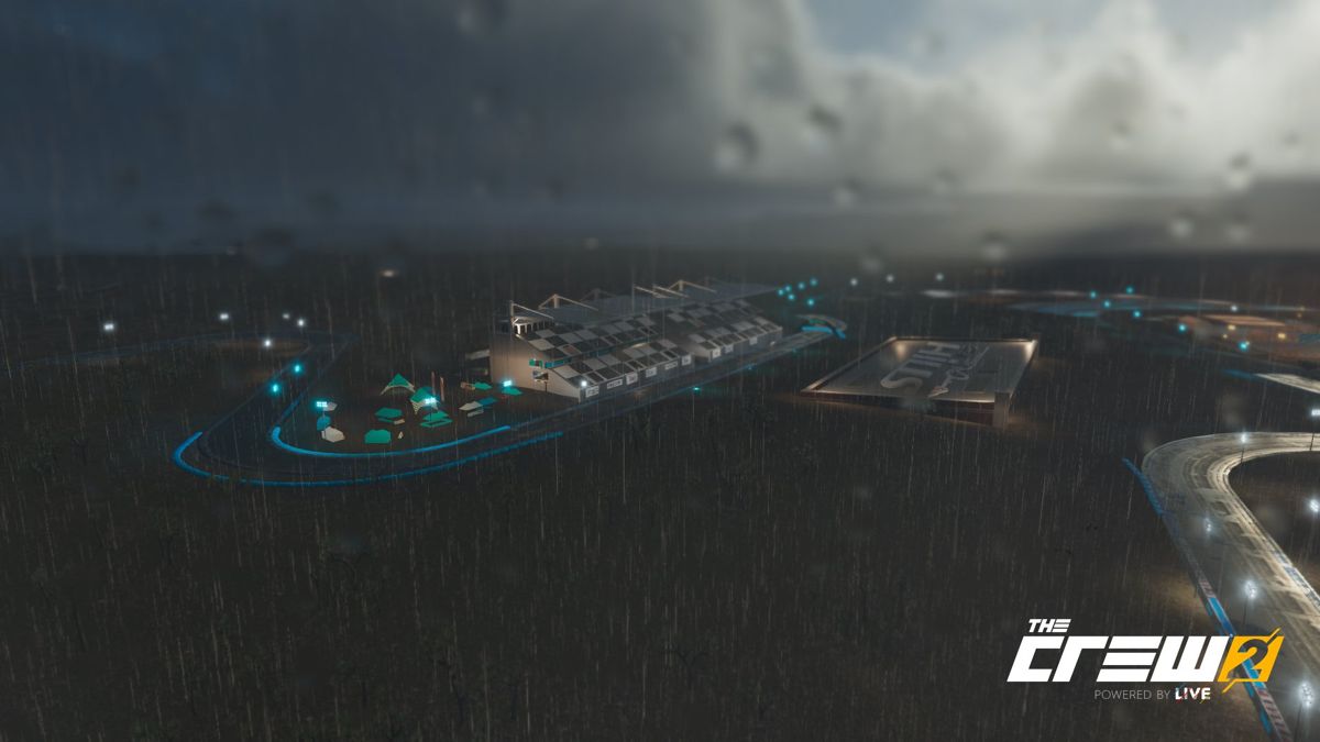 The Crew 2 (PlayStation 4) screenshot: Rainy aerial view of one of the racetracks. (Photo Mode)