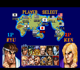 Street Fighter II Turbo (SNES) screenshot: Selecting your fighter (notice that the 4 bosses of the previous game are available now).
