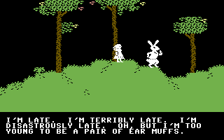 Alice in Wonderland (Commodore 64) screenshot: Meeting the White Rabbit
