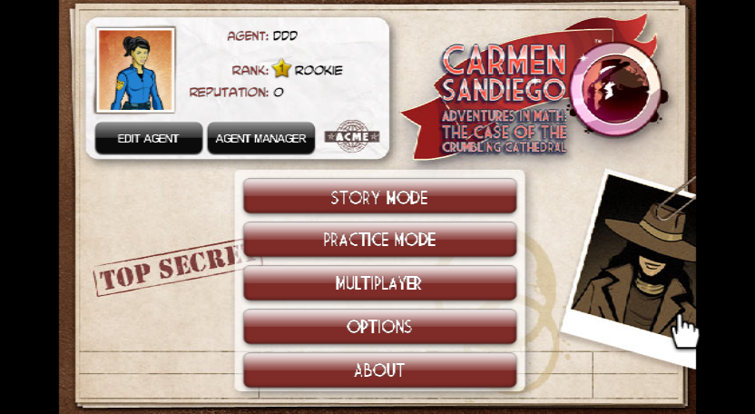 Carmen Sandiego Adventures in Math: The Case of the Crumbling Cathedral (Wii) screenshot: Main menu