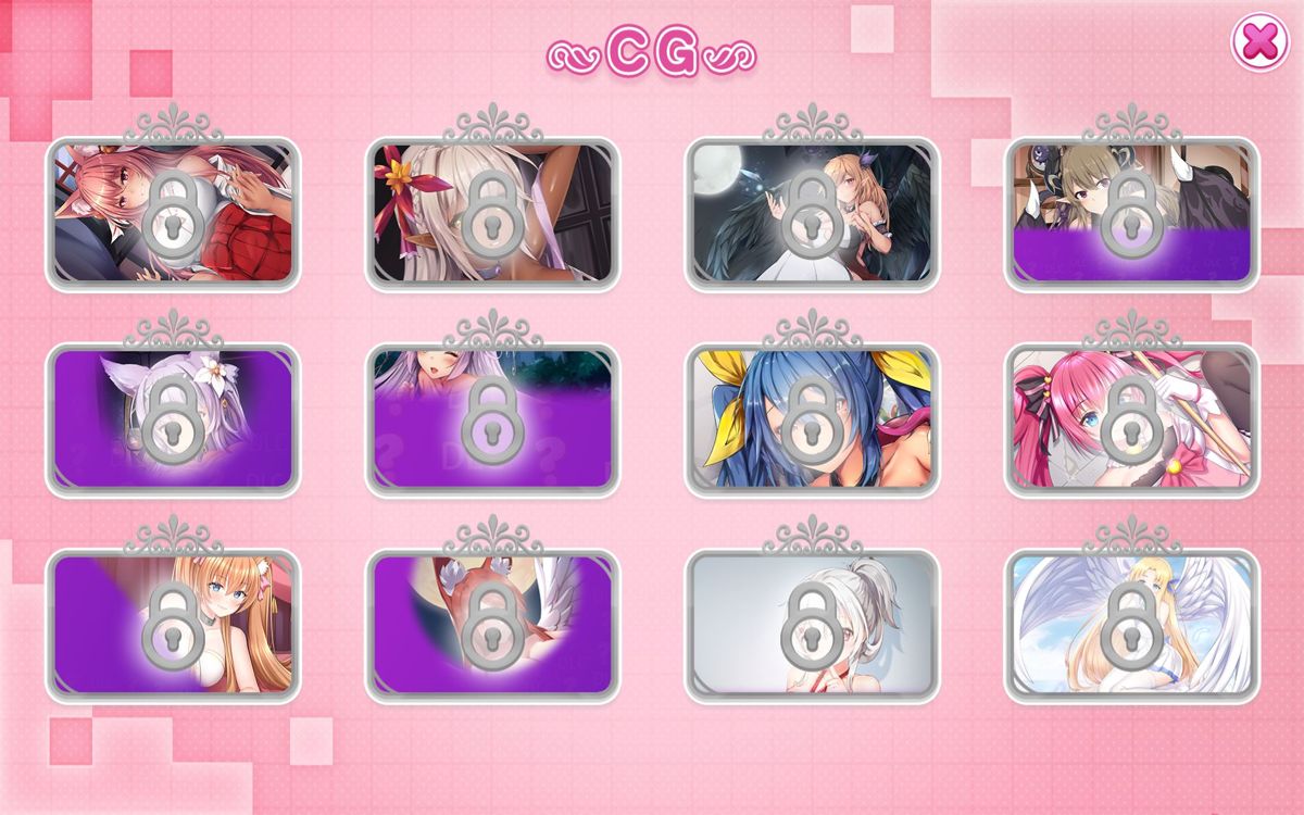 Fantasy Girl (Windows) screenshot: The image gallery before the game has been played. The partially obscured images are what the player will reconstruct in the base game, when the adult dlc has been installed they will show nudity