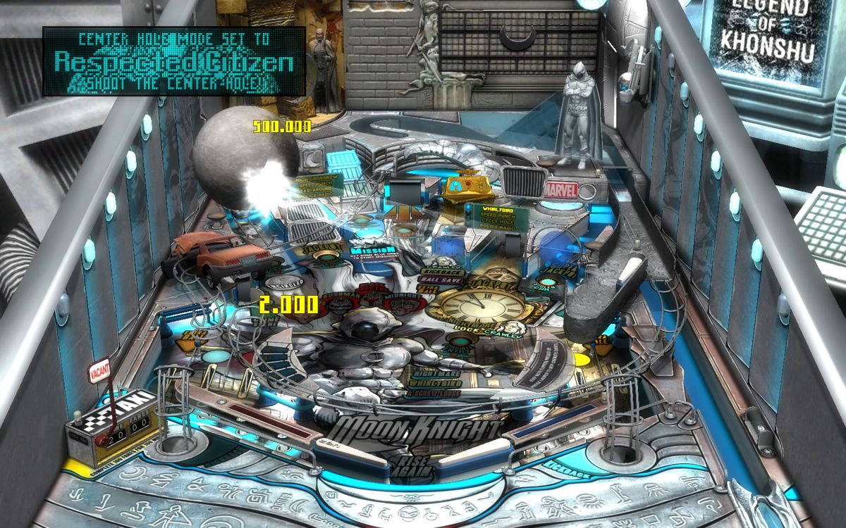 Marvel Pinball: Vengeance and Virtue (Windows) screenshot: <i>Moon Knight</i> - The top right flipper is used to smash the ball into the moon on the left.