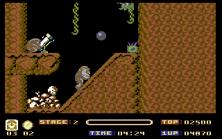 Toki (Commodore 64) screenshot: Watch out for that cannon!