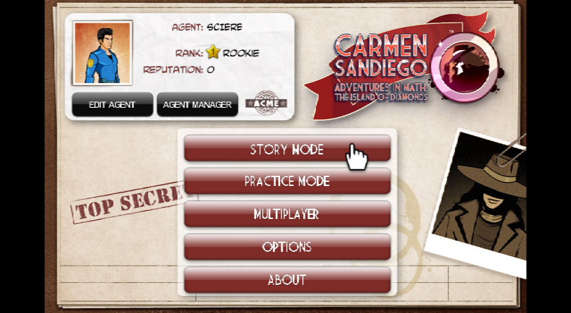 Carmen Sandiego Adventures in Math: The Island of Diamonds (Wii) screenshot: Main menu