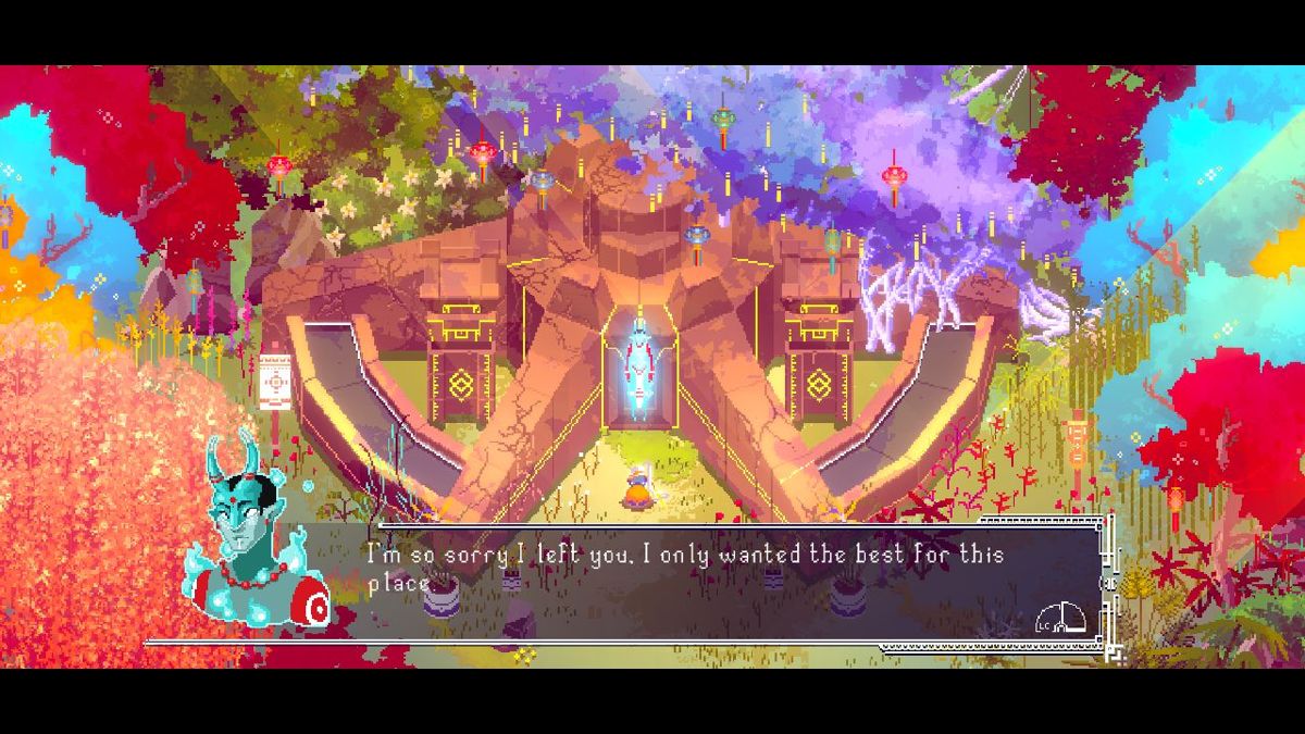 Atma (Windows) screenshot: Shaya is a small kneeling figure just below the centre of the screen. The shiny one is Atma making his apologies.