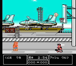 Nekketsu Street Basket: Ganbare Dunk Heroes (NES) screenshot: Planes, planes... and basketball