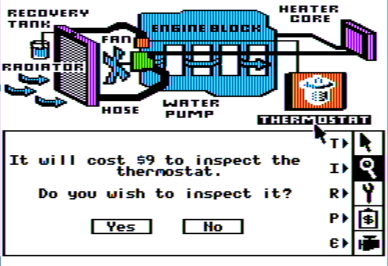Injured Engine (Apple II) screenshot: Should I Examine the Car's Thermostat?