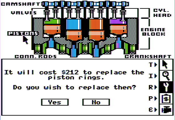 Injured Engine (Apple II) screenshot: Cost to Replace Pistons