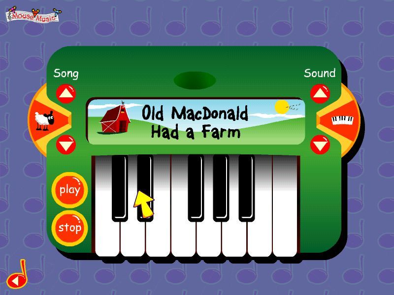 Mouse Music (Windows) screenshot: The Mouse Piano The Song dial changes the song, the Sound Dial changes the instrument and the Play button plays the tune and shows the words