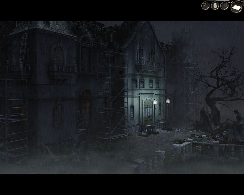 Black Mirror III: Final Fear (Windows) screenshot: The back of the Gordon castle at night in the rain.