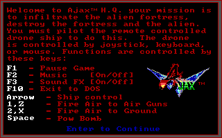 Ajax (DOS) screenshot: Instructions (EGA)