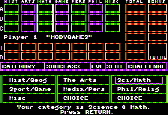 La Triviata (Apple II) screenshot: Choosing a Category