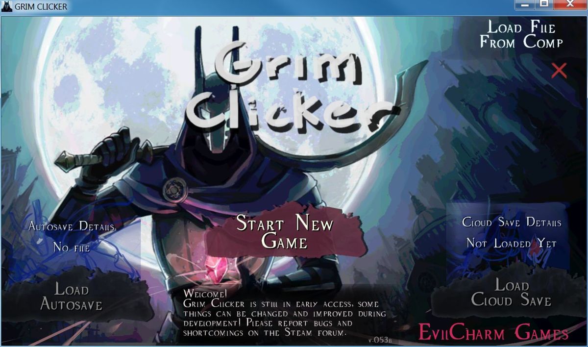 Grim Clicker (Windows) screenshot: The title screen, note the game is still an 'Early Access' version. <br>The background artwork also serves as a load screen