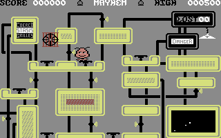 Mayhem (Commodore 64) screenshot: Moving the Coerco-Stasis-Grille