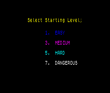 Star Firebirds (ZX Spectrum) screenshot: The 4 different skill levels