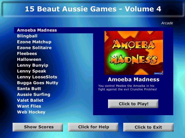 15 Beaut Aussie Games: Volume 4 (Windows) screenshot: The compilation's menu Some game names have been abbreviated, "Santa's Butt" being a good example