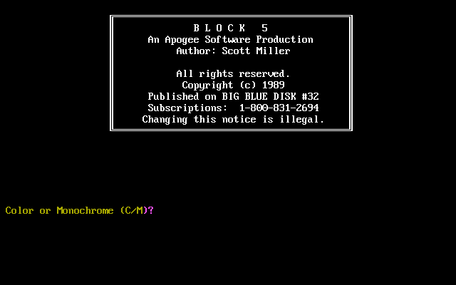 Block Five (DOS) screenshot: Title screen