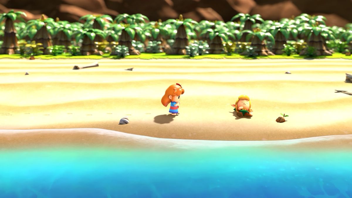 The Legend of Zelda: Link's Awakening (Nintendo Switch) screenshot: Game intro segment. Link's been found on the beach by Marin.