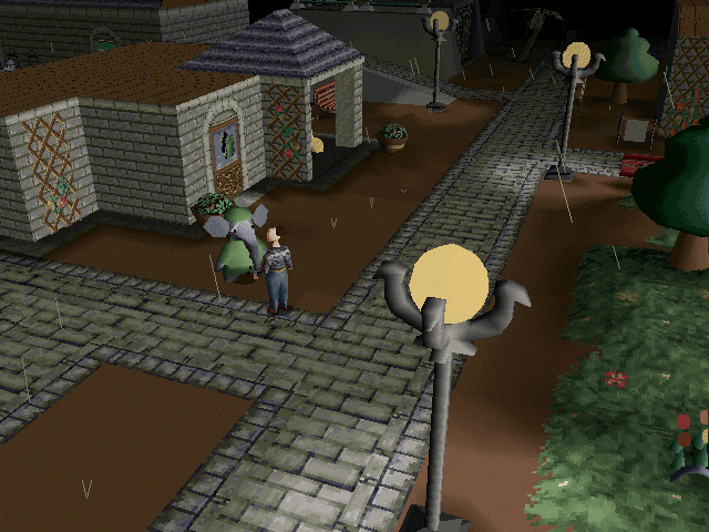 Twinsen's Odyssey (DOS) screenshot: The game's world is populated by funny, exotic creatures. Talking with Bob near the shop. Check out the weather effects!..