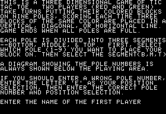Color/3D Tic Tac Toe (Apple II) screenshot: Instructions
