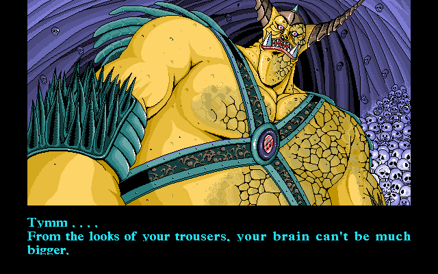 Knights of Xentar (DOS) screenshot: Exchanging friendly conversation with Tymm, local giant guarding the Mountain Pass of the town of Phoenix.