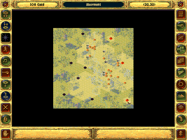 Fantasy General (DOS) screenshot: Zoomed out map of the battle. Note victory objectives marked with tiny flashing flags.